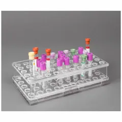 Clear PETG benchtop test tube rack holding up to 50 tubes. Overall dimensions: 5 3/4 in width, 2 1/2 in height, 10 in length. Used for organizing samples in laboratory workflows.