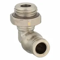 Nickel-plated brass elbow fitting with push-to-connect and MBSPP thread ends. Connects 6 mm OD tubing to a 1/4 in BSPP male port. Suitable for pneumatic and fluid handling systems where tool-free installation is required