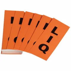 Replenishment labels for pipe marking systems. Each pack contains 50 orange pipe markers with black 'LIQ' legend and directional arrows. Designed for pipes with an outer diameter of 8 inches and larger. Used to identify liquid service lines in industrial facilities.