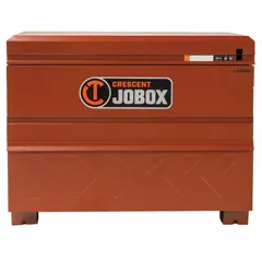 This chest-style jobsite box provides 20 cu ft of storage capacity for tools and equipment. It features a padlock hasp for securing contents with a user-supplied lock. The brown finish resists corrosion in work environments. Typical applications include construction sites, workshops, and industrial facilities.