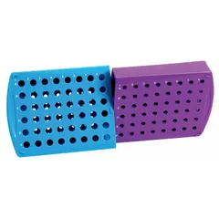 Polypropylene benchtop test tube rack in blue/purple. Overall dimensions: 11 1/2 in length, 4 1/2 in width, 1 in height. Holds up to 48 tubes of 1.5 or 2.0 mL capacity. Suitable for organizing samples in laboratory settings.