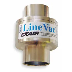 General purpose vacuum conveyor for moving dry bulk materials, powders, granules, and small parts. Uses compressed air to create vacuum for dust-free material transfer. Vacuum ID 1 3/4 in, vacuum OD 3 1/4 in, air inlet thread size 3/8 in.