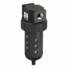 Particulate filter for compressed air systems with 1/2 in NPT connection. Removes solid contaminants down to 40 micron at 130 cfm flow capacity. Maximum operating pressure of 150 psi. Suitable for general-purpose filtration in pneumatic lines.