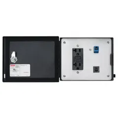 This Ethernet/ProfiNet panel interface provides a sealed connection for network and power access in industrial enclosures. It includes a 120 V duplex receptacle and RJ45 panel terminations, with a 5 A reset. Rated IP66, it operates on 120 V AC.