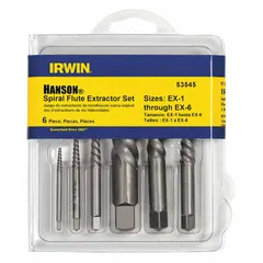 This 6-piece spiral-flute extractor set includes sizes #1 through #6, covering a thread range of M2.5 to M22. Designed for removing damaged, stripped, or broken screws in maintenance and repair tasks.