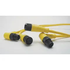 Single-ended cordset with a yellow PVC jacket for flexing applications. Features an M12 female straight connector on one end and bare wire on the other. 4 pins, 22 AWG wire, 10 m cable length, 4 A max current. Rated IP67 and NEMA 6P for protection against dust and water ingress.