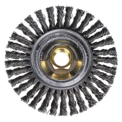 This WEILER weld-cleaning brush is designed for removing slag and spatter from stringer beads on carbon steel. With a 4" diameter, 3/16" width, and 0.02" fill, it features an M10 x 1.25 arbor for secure mounting. Suitable for fabrication and metalworking applications.