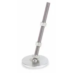 Male leveling mount with swiveling stud for leveling and vibration damping of machinery. Round base, 3/8"-16 thread, 2 in type, 5/8 in hex size, includes two jam nuts and mounting holes. Supports up to 2,000 lb.