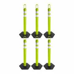 Portable temporary traffic delineator post with looper top, green body, 47 1/2 in overall height, and 4 in outside diameter. Includes weighted base and 40 ft of 2 in reflective plastic chain. Used for marking lanes, hazards, or work zones in temporary traffic control applications.