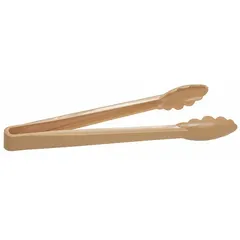 Beige polycarbonate serving tongs with 12-inch overall length and 1 1/2-inch overall width. Polycarbonate blades are non-scratch on cookware. Not dishwasher safe. Not NSF certified. Suitable for handling and serving food in commercial or institutional kitchens.