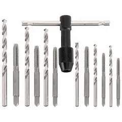 This 13-piece set includes straight flute taps ranging from #4-40 to 1/4-20 and matching drill bits in sizes 13/64 in, #21, #25, #29, #43, and 7/64 in. Used for creating threaded holes in metal, plastic, and wood during maintenance, fabrication, and repair work.
