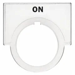 Half-round legend plate for 30 mm panel-mounted push-button stations. Brushed aluminum construction with gray metallic finish and English 'On' legend. Overall dimensions: 1 1/2 in height x 2 in width. Attaches via tabs. Used to label operator controls in industrial control panels.