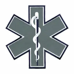 This embroidered patch features the Star of Life symbol and measures 7 inches by 7 inches. It is made of plastic with a navy color and has a sew-on back for attachment. Commonly used on uniforms, bags, or equipment for identification in emergency medical and first responder contexts.