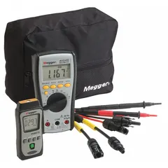 Solar analyzer kit for photovoltaic system testing. Features an LCD display and includes PV adaptor test leads. Measures open circuit voltage down to -1.3 V minimum. No datalogging capability.