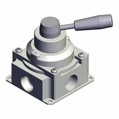 Lever-actuated, side-ported manual air control valve with 3/4 in NPT ports and two-position operation. Maximum operating pressure of 1 MPa. Suitable for on/off or directional control of compressed air in industrial pneumatic systems.