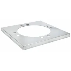 This base adapter plate transitions a 22-1/8 in round ventilator base to a 24 in square base, enabling installation of upblast fans on square roof curbs. Constructed of galvanized steel for corrosion resistance, it includes six nuts for secure mounting.
