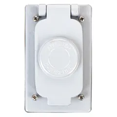 Gray copper-free aluminum weatherproof cover for FS-series boxes. Single-gang design accommodates toggle switches. Vertical mounting orientation. Suitable for outdoor or wet-location installations requiring protection from moisture and debris.