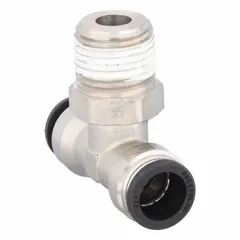 This PARKER tee fitting is made of nickel-plated brass and has three 1/2 in OD push-fit connections with a 1/2 in pipe size. It measures 2 5/16 in overall length. Used to branch or combine compressed air or fluid lines in pneumatic systems.