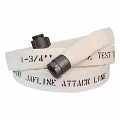 Double jacket supply fire hose with 5 in inside diameter and 100 ft length. White hose with Storz fittings and aluminum couplings. Used for high-volume water supply in fire protection systems.