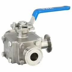This VNE L-port three-way ball valve is constructed from 316 stainless steel with a 20 micron Ra surface finish, suitable for sanitary processing lines requiring 3A compliance. It features a locking lever handle and side inlet connection, with a maximum pressure rating of 1,000 psi CWP. Typical applications include diverting or mixing flow in food, dairy, beverage, and pharmaceutical systems.