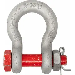 This CROSBY anchor shackle is a high-strength lifting component with a working load limit of 42,000 lb and a width between eyes of 2 1/4 in. The body is finished in silver with a red identification. It is used to connect chains, slings, or cables to loads in rigging and lifting applications.