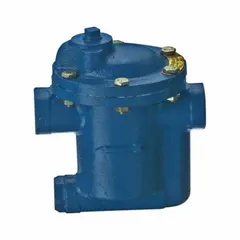 Cast iron inverted-bucket steam trap with 1 1/2 inch FNPT connections for horizontal in-line installation. Rated for maximum pressure of 250 psi and maximum temperature of 450°F, with a capacity of 7,000 lb/hr. Strainer not included. Used to remove condensate from steam lines in industrial heating and process systems.