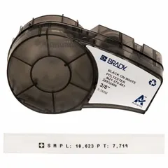 This combined label and ribbon cartridge is designed for use with the M210-LAB printer. It provides a 21 ft roll of cryogenic autoclavable polyester labels, 3/8 in wide, with black-on-white printing. Suitable for labeling 0.6 mL vials or tubes in laboratory and biobank sample identification applications.