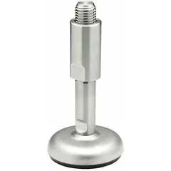 Swivel male leveling mount with M16 thread, 60 mm length, and 27,000 N load capacity. Features sandblasted matte finish, round base, and includes a sleeve. Hex size 0.472 in. Used for leveling and stabilizing industrial machinery, conveyors, and heavy equipment.