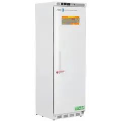 This upright explosion proof refrigerator provides safe storage for flammable or volatile materials. It features a white swing solid door with right opening, maintains 1°C to 10°C, uses R-600a refrigerant, and includes a temperature alarm. Overall depth is 24 3/8 in.