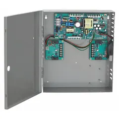 Steel-enclosed power supply board accepting 120/240V AC input. Provides regulated power for electric strikes, magnetic locks, and other low-voltage door hardware in commercial and industrial access control systems.