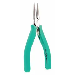 Serrated chain-nose pliers with a 1 3/8 in jaw length, 5 3/4 in overall length, and 1/2 in maximum jaw opening. Suitable for precision gripping, bending, and cutting tasks in electronics assembly and repair.