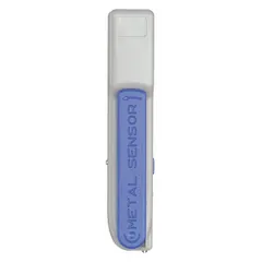 Handheld metal detector with light alert, powered by a 9V battery. Measures 6 3/4 inches in length, 1 1/4 inches in width, and 1 1/4 inches in height. Used for security screening at access points, event venues, and industrial facilities.