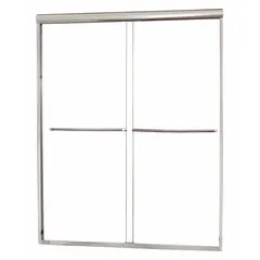 Double-sliding shower door with clear tempered glass. Fits openings with a minimum width of 56 inches and maximum of 60 inches, overall height 72 inches. Suitable for residential and light-commercial bathroom enclosures.