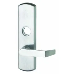 This VON DUPRIN mechanical exit device trim is a silver night latch outside trim for use with exit push bars on commercial doors. It provides key-locking functionality from the exterior while allowing free egress from inside. Suitable for non-ADA-compliant applications in industrial facilities.