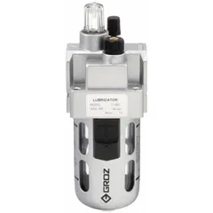 Intermediate-duty micro-mist lubricator constructed of aluminum. Features a 3/8 in NPT connection, 106 cfm flow capacity, and 145 psi maximum operating pressure with knob adjustment. Used to inject fine oil mist into pneumatic systems for lubricating tools, cylinders, and valves.