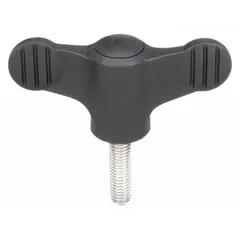Wing knob with threaded stud, 75 mm diameter plastic body with steel thread, M10 thread size, 20 mm thread length. Used for manual clamping, positioning, and adjustment on machinery and fixtures, allowing quick hand tightening without tools.