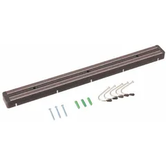 This black plastic magnetic knife rack holds metal utensils and includes five hanging hooks. With an overall width of 13 inches, depth of 1 inch, and height of 2 inches, it provides organized storage for knives and metal tools in commercial or residential kitchens.