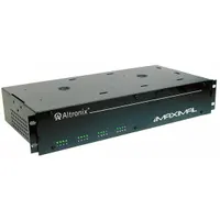 Steel-enclosed power supply board accepting 115V AC input and delivering up to 12A output. Supports 8PTC/12Dc and 8PTC/24Dc configurations. Used in security, access control, and industrial automation systems