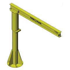This HARRINGTON jib crane is a base-plate mounted, manual-power unit with an open-beam steel body. It has a 500 lb load capacity and an 8 ft maximum lifting height. Includes mounting hardware. Suitable for overhead lifting tasks in industrial environments such as workshops and warehouses.