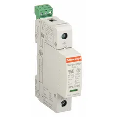 Single-phase surge protective device for DIN-rail mounting, rated 277V AC with 200kA short-circuit current rating. Provides L-N mode protection with 600V (L-N) voltage protection rating and 320 V AC maximum continuous operating voltage. Includes Form C dry contact; enclosure is polyethylene terephthalate. Suitable for use in power distribution panels to protect against voltage transients.