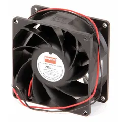 Standard square axial fan for cooling and ventilation in electronic enclosures, control panels, and small equipment. Operates on 24V DC with polybutylene blade and polybutylene terephthalate housing. Includes lead wires and IP20 rating.