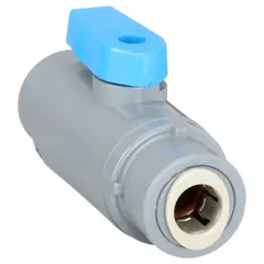Manual two-way ball valve with a 3/8 in PVC body, straight configuration, push-to-connect ends, and full port ball port. Used for on/off flow control in industrial piping systems requiring corrosion resistance.