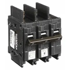 The SIEMENS BQ3B025 is a 3-pole, bolt-on miniature circuit breaker rated 25 A at 240V AC. It provides overcurrent protection for branch circuits in electrical distribution systems, typically used in panelboards for industrial and commercial applications.