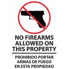 Adhesive-mounted signs, 7 in x 5 in nominal size, 0.025 in thick. Sold as a 2-pack. Non-retroreflective, non-glow-in-the-dark. Bilingual message for posting property restrictions on windows or doors.