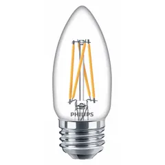 LED lamp with B11 bullet shape and clear finish. Medium screw (E26) base. 5.5W, 500 lumens, 2300K color temperature. Suitable for accent or decorative lighting in chandeliers, sconces, and pendant fixtures where the lamp is visible.