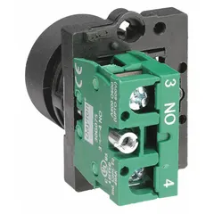 This flush-mount push button from Dayton is a momentary operator with a non-metallic actuator and a 1NO contact configuration. It features a 22 mm mounting hole and pressure plate terminals for secure wiring. The flush profile helps prevent accidental actuation, making it suitable for control panels, machine start/stop stations, and process equipment.