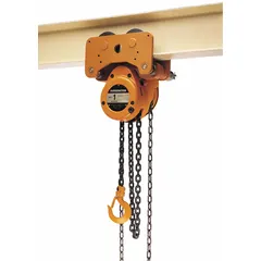 Manual chain hoist with push trolley for lifting and moving loads up to 8,000 lb. Provides 10 ft of lift and features a hook with safety latch for secure load attachment. The push trolley allows manual positioning along an I-beam, suitable for material handling in industrial environments.