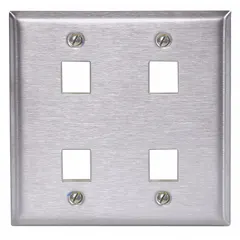 This 2-gang, 4-port keystone wall plate is constructed of stainless steel with a gray finish. It features a flat module style with vertical outlet orientation and is compatible with keystone jack modules. Suitable for structured cabling installations in commercial and industrial environments.
