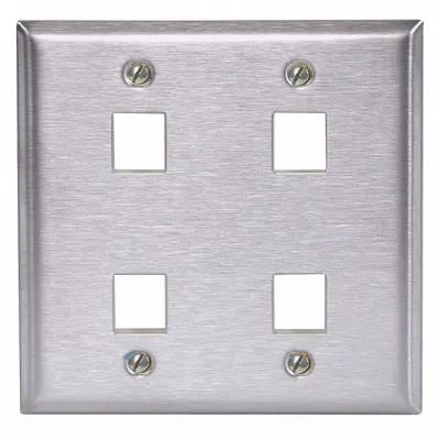HUBBELL PREMISE WIRING Wall Plate: Gray, 2 Gang, 4 Port, Flat Module, Stainless Steel - Keystone Wall Plates