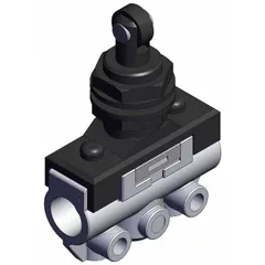 This manual air control valve features a plunger actuator with a side-ported body and white actuator. It has 3 ports with 1/8 in NPT connections. Typical applications include manual control of pneumatic circuits such as cylinder actuation or air logic systems.